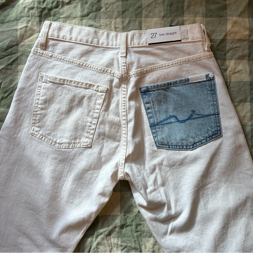 NWT 7 For All Mankind Low Straight Distressed White Jeans Blue Patch Pocket 27 - Picture 8 of 12